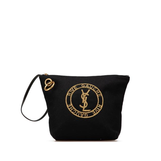 サンローラン リヴゴーシュ クラッチバッグ ポーチ  ブラック ウール レザー レディース SAINT LAURENT 【中古】