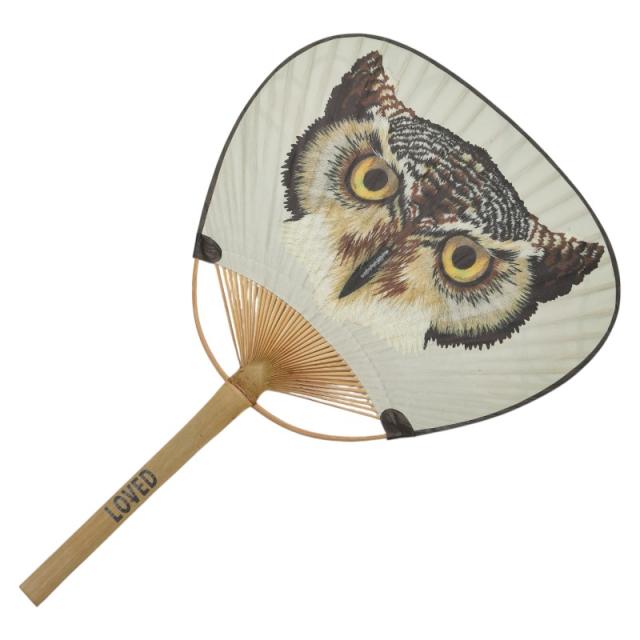 グッチ ふくろう フクロウ LOVED うちわ 団扇 ベージュ マルチカラー バンブー レディース GUCCI 【中古】