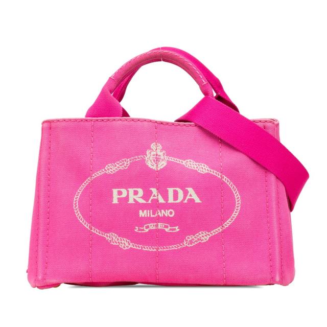 プラダ 三角ロゴプレート ミニ カナパ ハンドバッグ ショルダーバッグ 2WAY B2439G ピンク キャンバス レディース PRADA 【中古】
