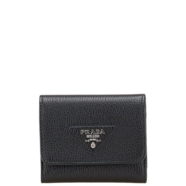 PRADA プラダ 二つ折り財布 三角ロゴ レザー 黒 ブラック プラダ 三角ロゴ 二つ折り財布 ブラック レザー レディース PRADA 【中古】