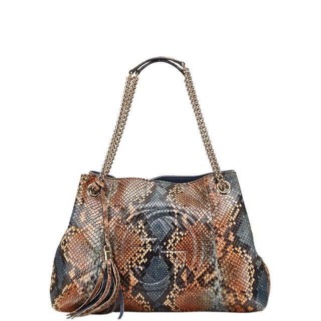 グッチ インターロッキングG ソーホー パイソン ワンショルダーバッグ 308982 ブラウン ネイビー レザー レディース GUCCI 【中古】