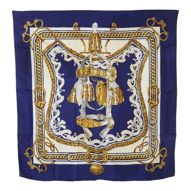 中古】HERMES(エルメス) カレ90 スカーフ BRIDE DE COUR ネイビー×白  
