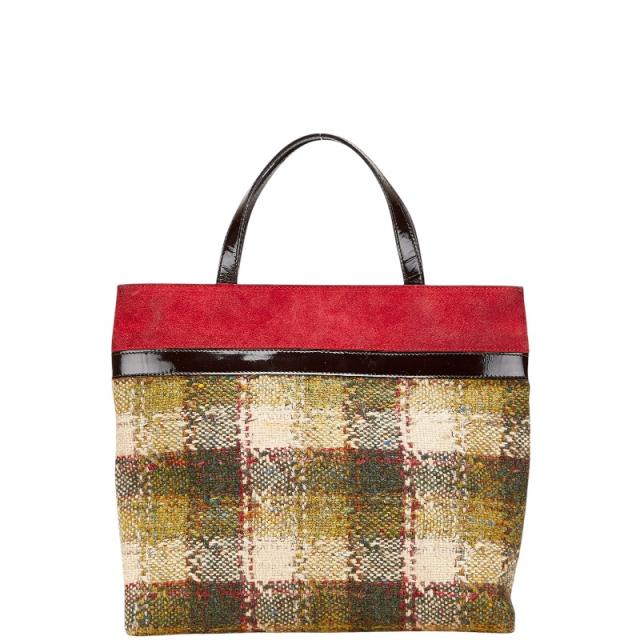 バーバリー チェック ハンドバッグ グリーン レッド ブラック ウール エナメル スエード レディース BURBERRY 【中古】