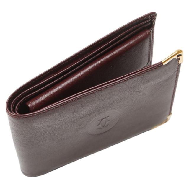 カルティエ マストライン 二つ折り財布 ワインレッド ボルドー レザー