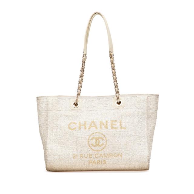 シャネル ドーヴィルMM チェーン トートバッグ ショルダーバッグ ホワイト ゴールド キャンバス レザー レディース CHANEL 【中古】