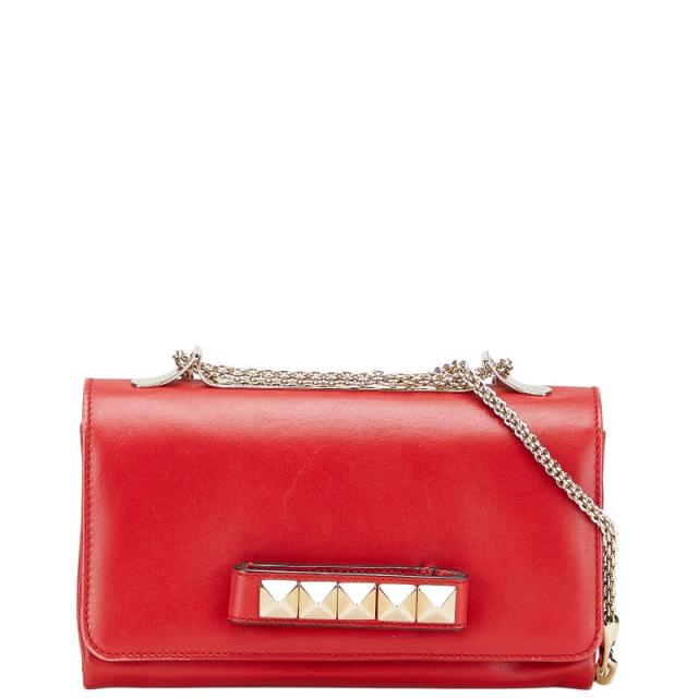 ヴァレンティノ スタッズ チェーン ショルダーバッグ レッド ゴールド レザー レディース VALENTINO 【中古】