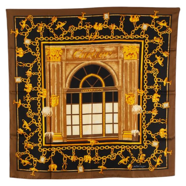 カルティエ マスト ドゥ カルティエ スカーフ ブラウン ブラック マルチカラー シルク レディース CARTIER 【中古】