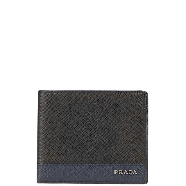 プラダ 二つ折り財布 ブラック ネイビー サフィアーノレザー メンズ PRADA 【中古】