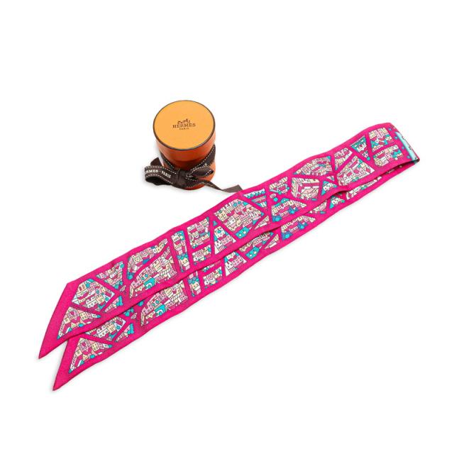 エルメス ツイリー Rive Droite Rive Gauche 右岸と左岸 街 スカーフ ピンク マルチカラー シルク レディース HERMES 【中古】 エルメス ツイリー Rive Droite Rive Gauche 右岸と左岸 街 スカーフ