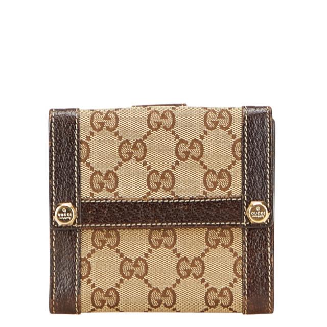 グッチ GGキャンバス 二つ折り財布 154117 ベージュ ブラウン キャンバス レザー レディース GUCCI 【中古】