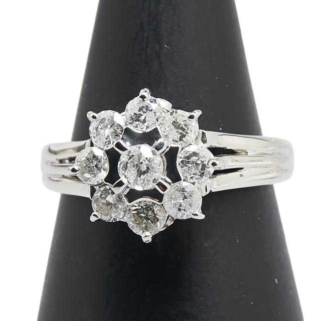 Pt900 プラチナ ダイヤ0.75ct 花 フラワー モチーフ リング 指輪 レディース 9号 中古