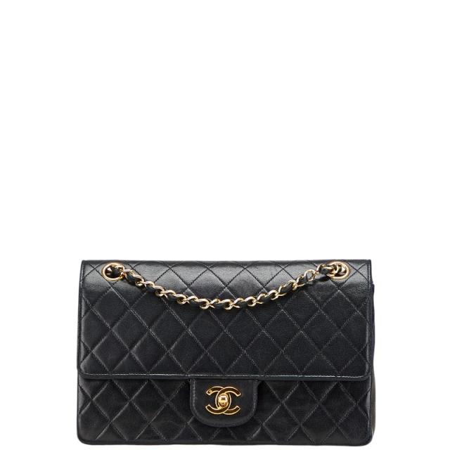 シャネル マトラッセ25 ダブルフラップ ココマーク チェーン ショルダーバッグ ブラック ラムスキン レディース CHANEL 【中古】