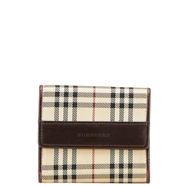 バーバリー ノバチェック 二つ折り財布 ベージュ ブラウン キャンバス レザー レディース BURBERRY 【中古】