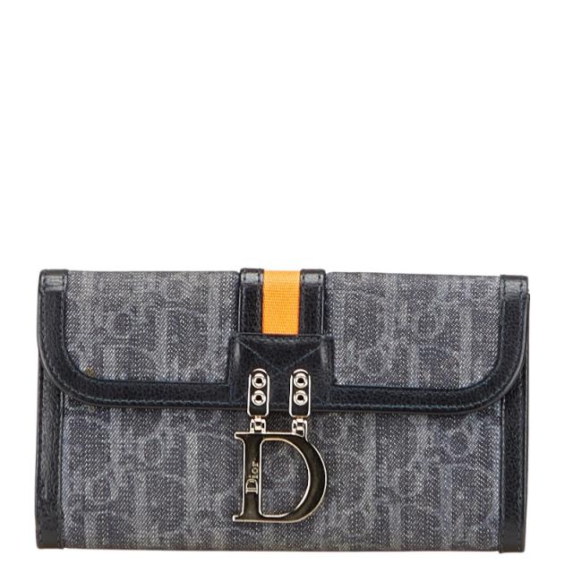 ディオール トロッター フライトライン 二つ折り財布 ブラック グレー デニム レザー レディース Dior 【中古】
