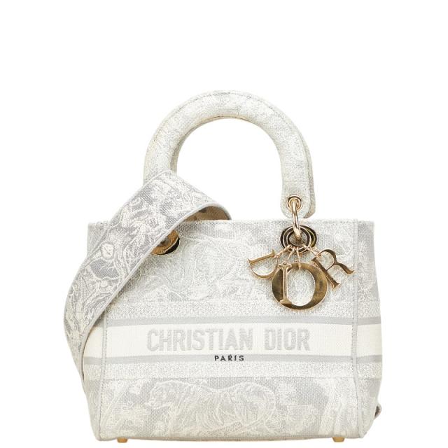 ディオール レディディオール エンブロイダリー ハンドバッグ ショルダーバッグ 2WAY グレー ホワイト キャンバス Dior 【中古】