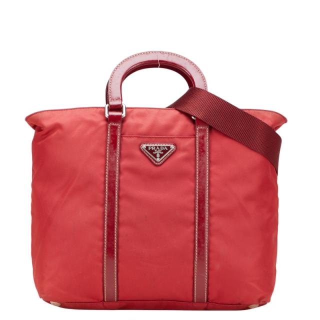 プラダ 三角ロゴプレート ハンドバッグ ナイロン レッド 肩掛け 赤 プラダ 三角ロゴプレート ハンドバッグ ショルダーバッグ 2WAY
