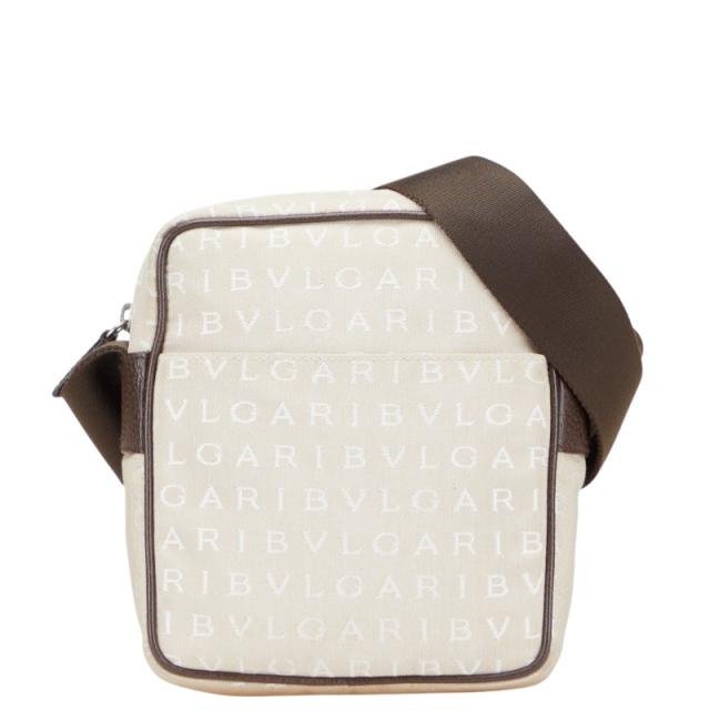 ブルガリ ロゴマニア 斜め掛け ショルダーバッグ ベージュ ブラウン キャンバス レザー レディース BVLGARI 【中古】