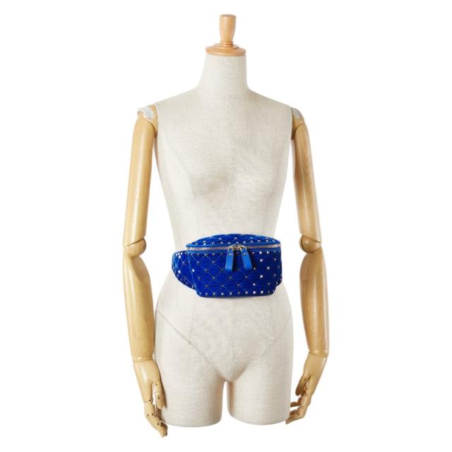 ヴァレンチノ ロックスタッズ ウエストバッグ ブルー ベロア レザー レディース Valentino 【中古】 ヴァレンチノ ロックスタッズ ウエストバッグ ブルー ベロア レザー