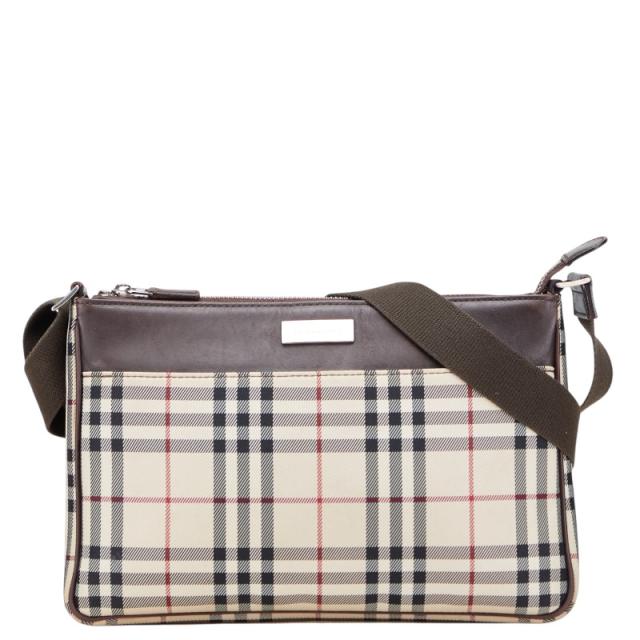 バーバリー ノバチェック ショルダーバッグ ベージュ ブラウン キャンバス レザー レディース BURBERRY 【中古】