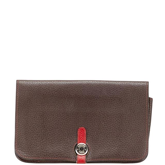 エルメス ドゴンGM ドゴンデュオ バイカラー 二つ折り財布 ショコラ ヴァーミリオン トゴ レディース HERMES 【中古】