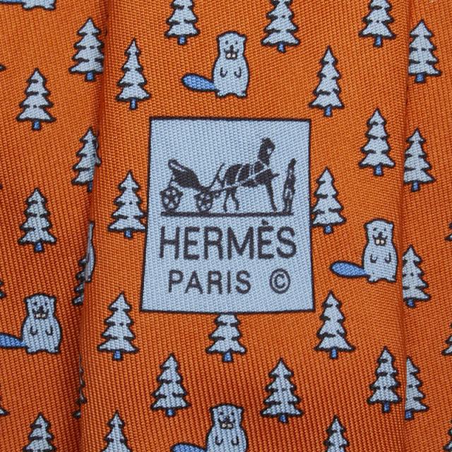 【HERMES】 シルクネクタイ ビーバー オレンジ HERMES シルク ネクタイ オレンジ/ブルー エルメス 木 植物 ビーバー