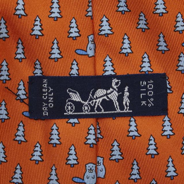 エルメス 木 植物 ビーバー ネクタイ オレンジ ブルー シルク