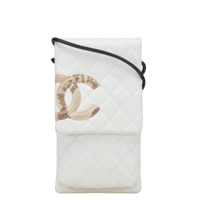 シャネル カンボンライン ココマーク パイソン ショルダーバッグ ポーチ ホワイト ブラック ラムスキン レディース CHANEL 【中古】
