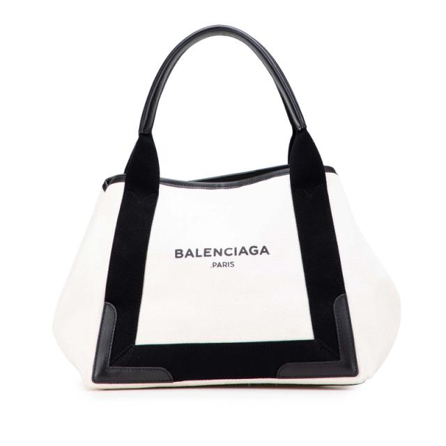 バレンシアガ ネイビー カバスS トートバッグ ハンドバッグ 339933 アイボリー ブラック キャンバス レザー BALENCIAGA 【中古】
