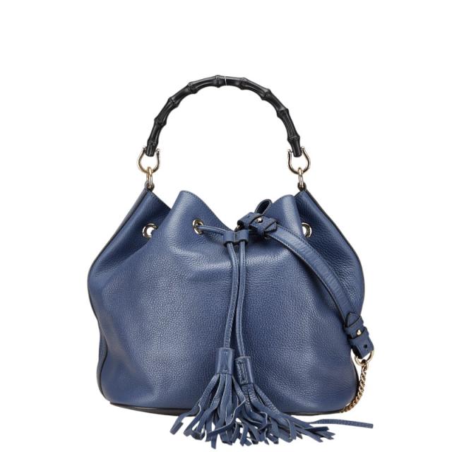 グッチ バンブー ショルダーバッグ ハンドバッグ 387613 ネイビー レザー レディース GUCCI 【中古】