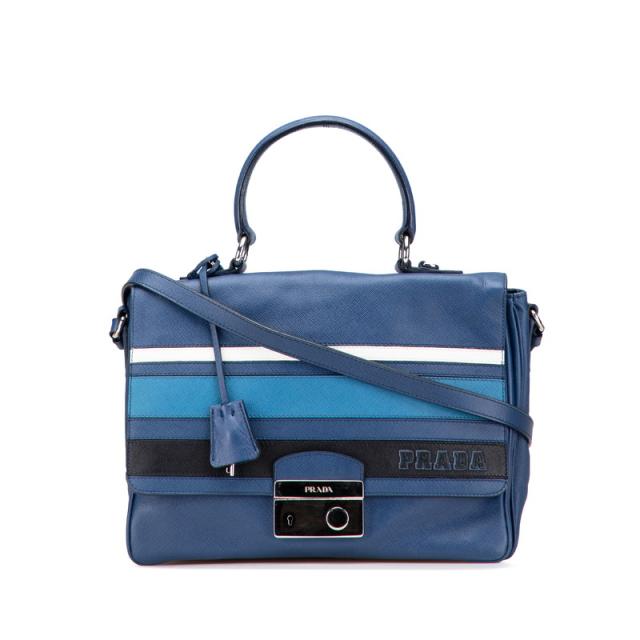 プラダ ロゴ ハンドバッグ ショルダーバッグ ブルー レザー レディース PRADA 【中古】