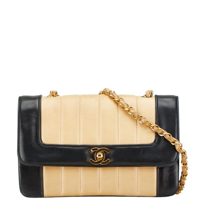 シャネル マドモアゼル ココマーク シングルフラップ チェーン ショルダーバッグ ベージュ ブラック ラムスキン CHANEL 【中古】
