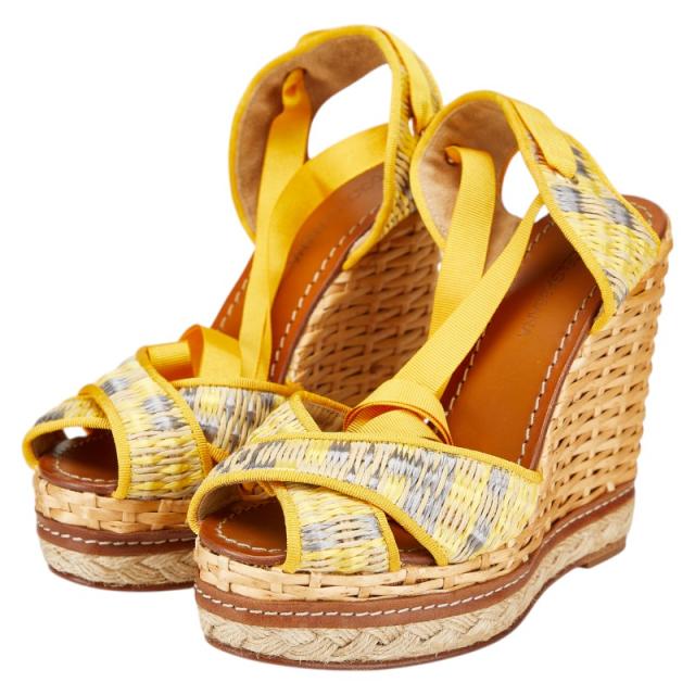 ドルチェアンドガッバーナ ウェッジソール サンダル サイズ：36 イエロー ブルー ベージュ ラフィア レザー DOLCE&GABBANA 【中古】