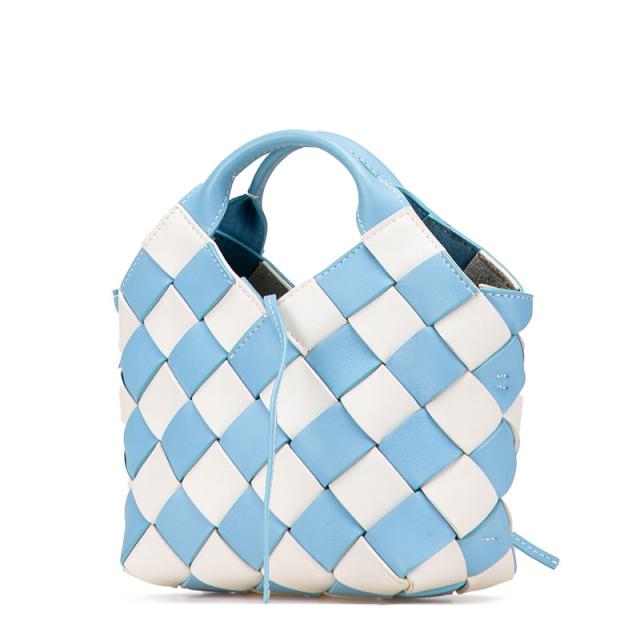 ロエベ アナグラム ウーブンバスケット ハンドバッグ ショルダーバッグ 2WAY ライトブルー ホワイト カーフレザー LOEWE 【中古】_1