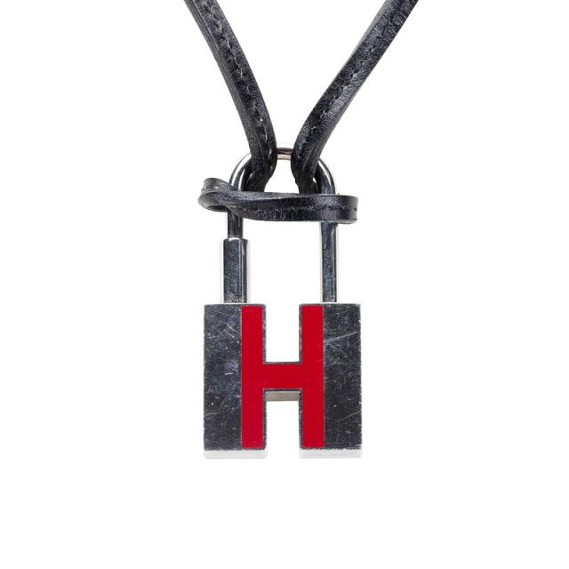 エルメス Hモチーフ カデナ ネックレス シルバー レッド ブラック メタル レザー メンズ HERMES 【中古】