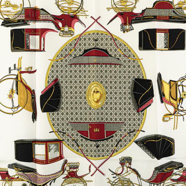 エルメス カレ90 LES VOITURES A TRANSFORMATION 折畳み式幌の馬車 スカーフ ホワイト ワインレッド マルチカラー HERMES 【中古】 エルメス カレ90 LES VOITURES A TRANSFORMATION 折畳み式幌の馬車