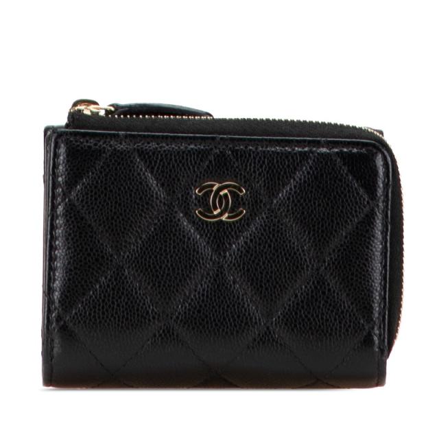 シャネル マトラッセ ココマーク 三つ折り財布 ブラック キャビアスキン レディース CHANEL 【中古】