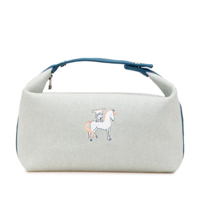 エルメス ブリッド ア ブラックGM カブリオル ポーチ ミニハンドバッグ ブルーナティエ コットン トワルシェブロン HERMES 【中古】