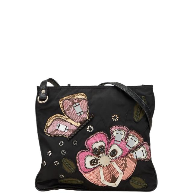 プラダ 三角ロゴプレート フラワー刺繍 斜め掛け ショルダーバッグ ポシェット ブラック マルチカラー ナイロン パイソン PRADA 【中古】