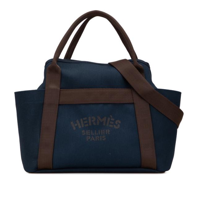 エルメス サックドパンサージュ グルーム ハンドバッグ ショルダーバッグ 2WAY ネイビー ブラウン キャンバス HERMES 【中古】