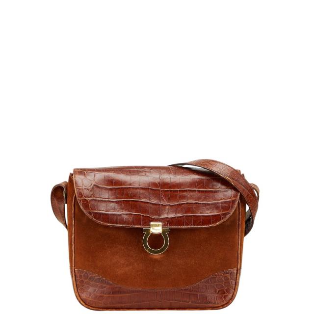 サルヴァトーレフェラガモ ガンチーニ クロコ型押し ショルダーバッグ ブラウン レザー スウェード Salvatore Ferragamo 【中古】