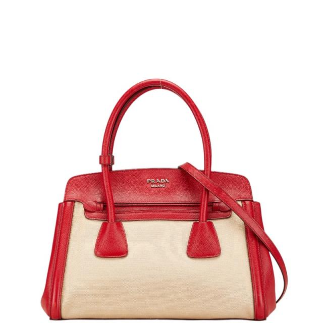 プラダ ハンドバッグ ショルダーバッグ 2WAY BN2595 ベージュ レッド キャンバス サフィアーノレザー レディース PRADA 【中古】