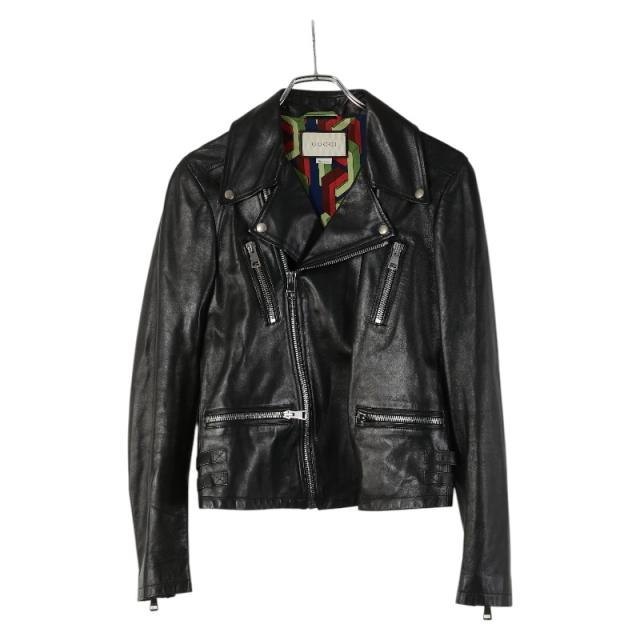 グッチ LOVED タイガーヘッド ライダースジャケット サイズ44 ブラック ブラウン ラムスキン ビジュー メンズ GUCCI 【中古】