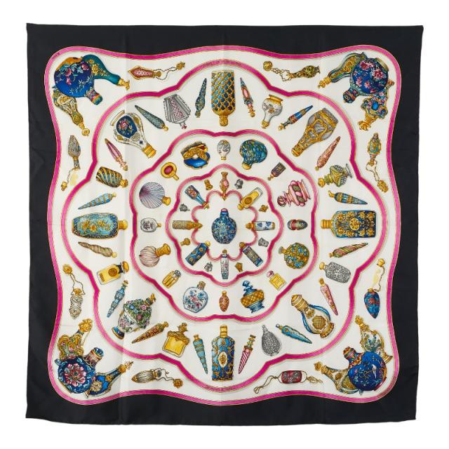 エルメス カレ90 Qu importe le flacon 香水瓶 スカーフ ブラック ホワイト マルチカラー シルク レディース HERMES 【中古】