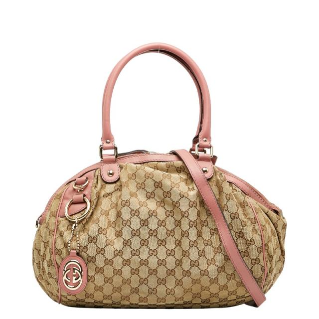 グッチ GGキャンバス ハンドバッグ ショルダーバッグ ２WAY 223974 ブラウン ピンク キャンバス レザー レディース GUCCI 【中古】