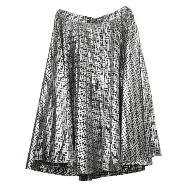フェンディ × ニッキー・ミナージュ ズッカ プリーツロングスカート サイズ:38 FQ7121 シルバー ブラック ナイロン FENDI 【中古】