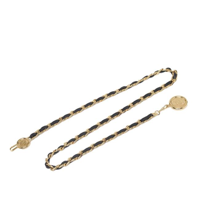 シャネル ココマーク 31 RUE CAMBON PARIS メダル モチーフ チェーン ベルト ゴールド ブラック メッキ レザー CHANEL 【中古】