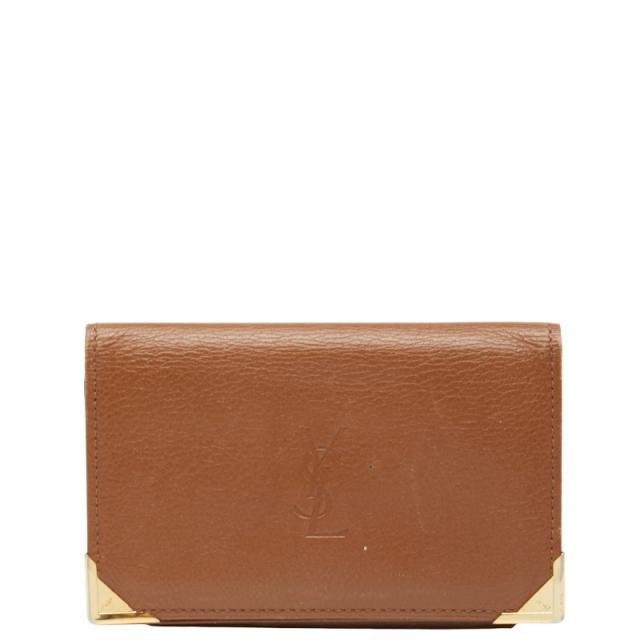 サンローラン YSLロゴ カードケース パスケース ブラウン レザー メンズ SAINT LAURENT 【中古】