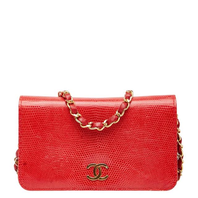 シャネル ココマーク プッシュロック チェーン ショルダーバッグ レッド リザード レディース CHANEL 【中古】