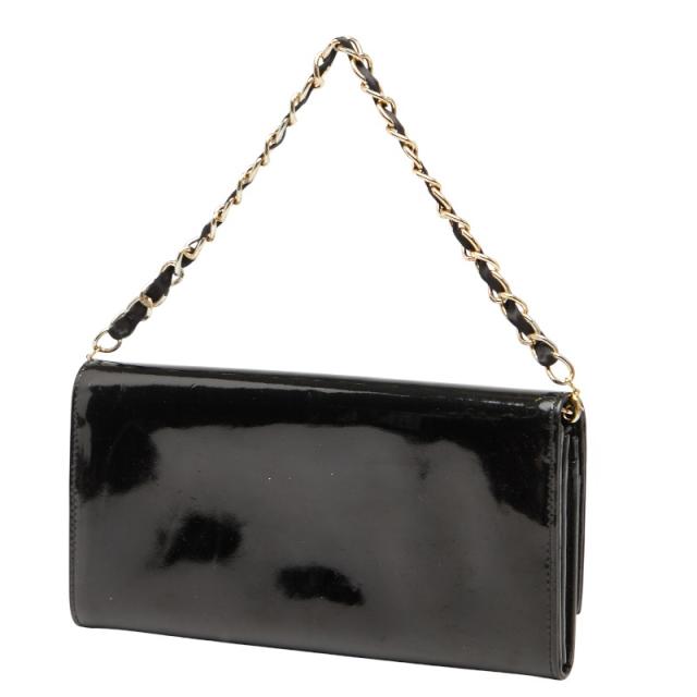 ディオール ロゴ チェーン ウォレット 長財布 ハンドバッグ ブラック ゴールド パテントレザー レディース Dior 【中古】_1