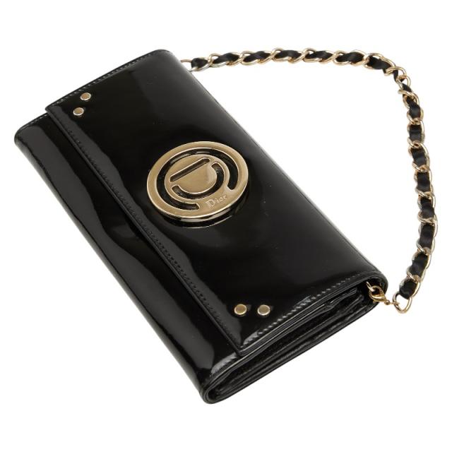 ディオール ロゴ チェーン ウォレット 長財布 ハンドバッグ ブラック ゴールド パテントレザー レディース Dior 【中古】_3